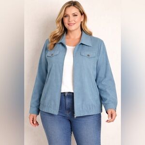 Alfred Dunner Women's Soft Dusty Blue Faux Suede Zip Front Jacket Plus Size 18W
